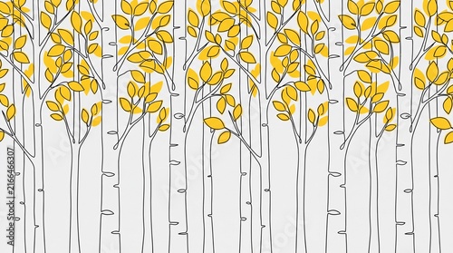 Minimalist autumn birch tree line art vector pattern with yellow leaves