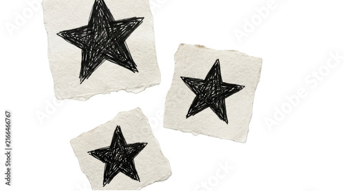 Three handdrawn black stars on textured paper isolated on transparent background