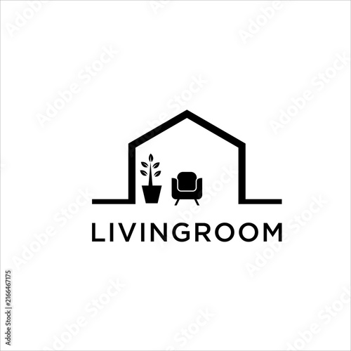 Living Room Logo Design Vector with House Outline, Armchair and Plant Interior Symbol for Home Decor, Furniture, Real Estate and Interior Design Branding