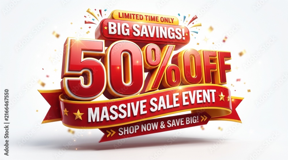 Obraz premium 3D 50 Percent Off Massive Sale Event Banner Design with Big Savings and Limited Time Only Promotional Lettering for E-Commerce Shopping Deals