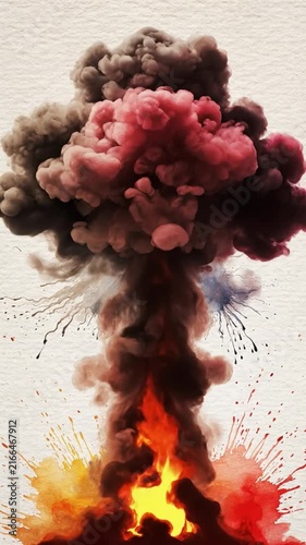 Watercolor painting of a nuclear explosion mushroom cloud rising on textured paper with ink splatters