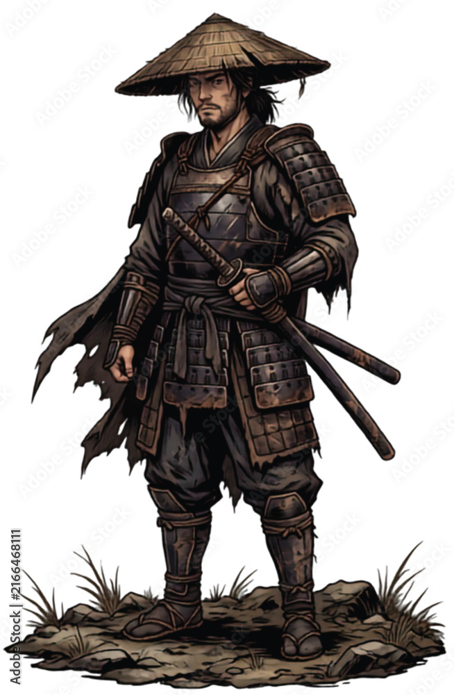 Obraz premium Lone Japanese Ronin Samurai Warrior in Traditional Armor with Katana and Straw Hat