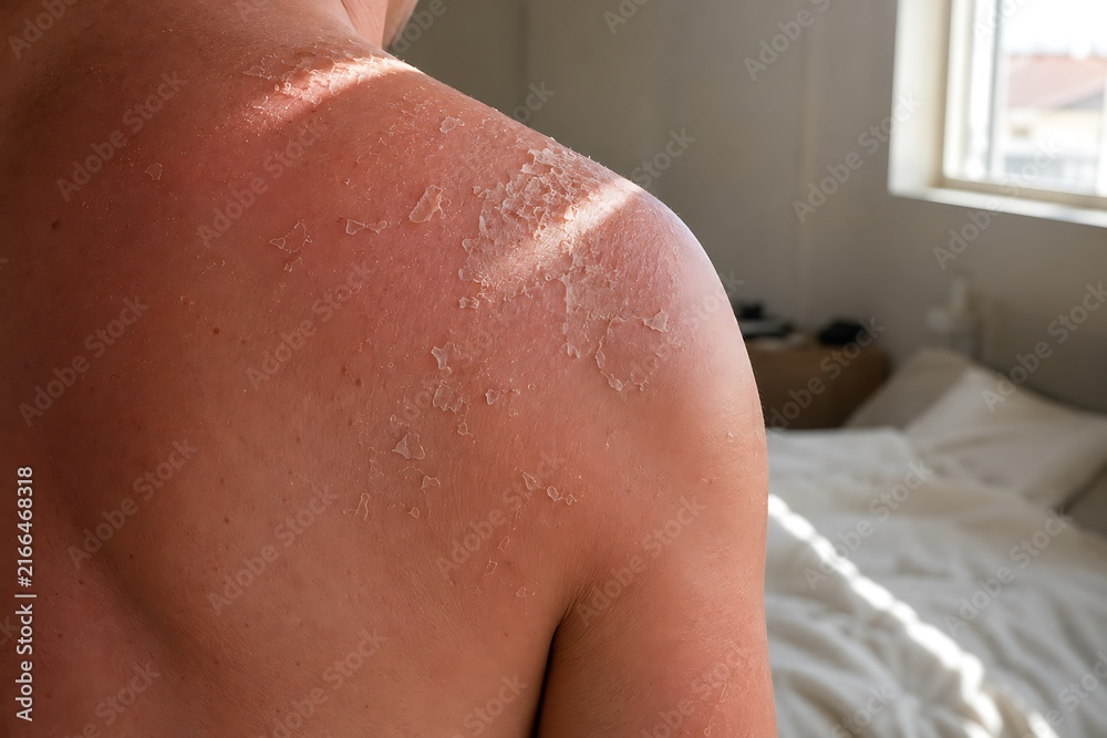 Fototapeta premium Sunburned shoulder with peeling skin illuminated by bright window light during daytime indoors