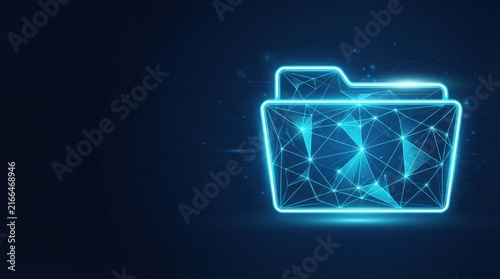 Glowing blue wireframe folder symbolizing advanced AI, digital innovation, and futuristic data storage with sleek cyber design against dark tech background.