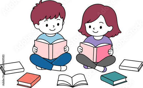 Cheerful cartoon boy and girl sitting cross-legged reading books with surrounding literature 