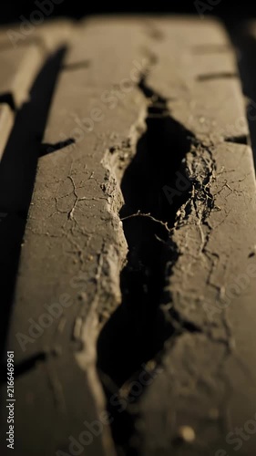 Close-up of a damaged tire tread with a deep crack and worn surface.