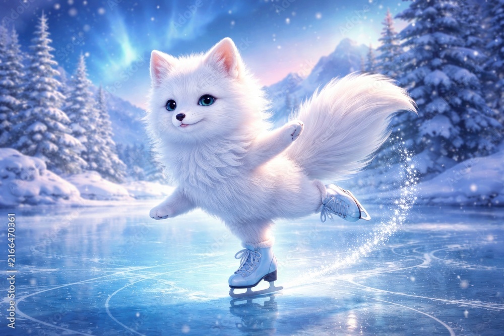 Naklejka premium Adorable fox ice skating gracefully.