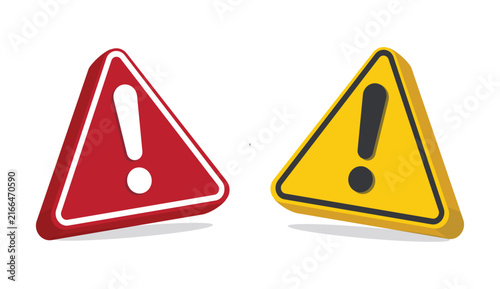 Bundle of isolated 3D caution signs featuring exclamation marks, yellow and red triangular warning symbols for safety communication.