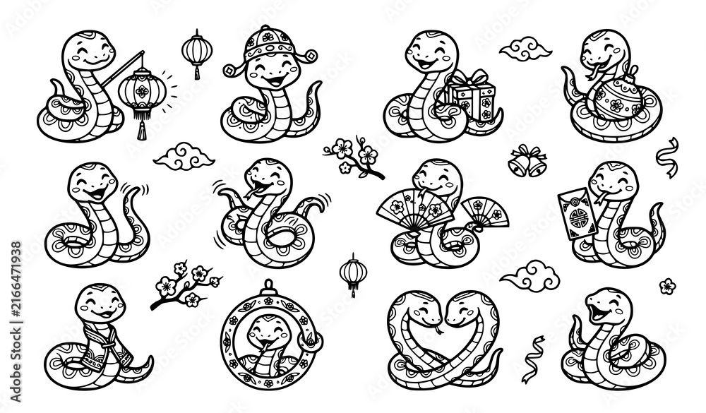 Fototapeta premium Adorable Chinese New Year Snake Characters Black Outline Vector Collection