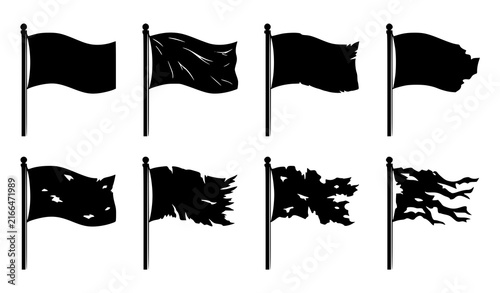 Worn Flag Progression Black Silhouette Vector Set, Tattered and Weathered Banner Icons
