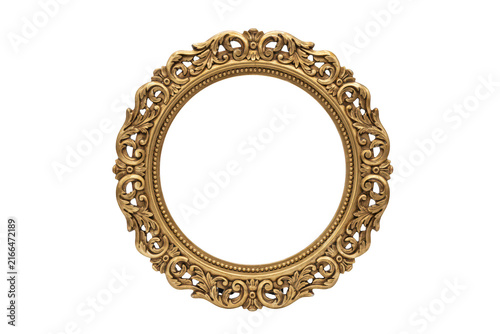 A round decorative frame with detailed gold leaf carvings and floral scrollwork, shown on a white background, for composition