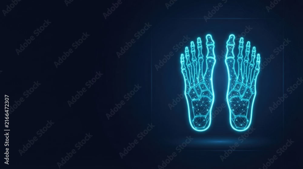 Naklejka premium Glowing blue wireframe hologram of human foot bones showcases advanced digital science and futuristic tech for AI, medical innovation, and high-tech applications.