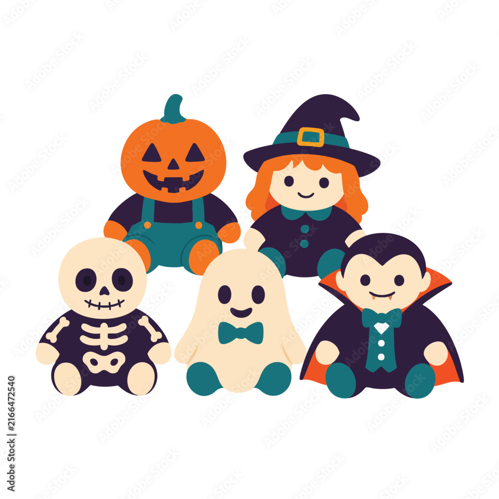 Naklejka premium Cute Halloween characters set with pumpkin, witch, skeleton, ghost, and vampire kids in flat vector style
