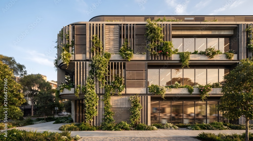 Fototapeta premium Modern eco-friendly building facade features lush green vertical gardens on balconies.