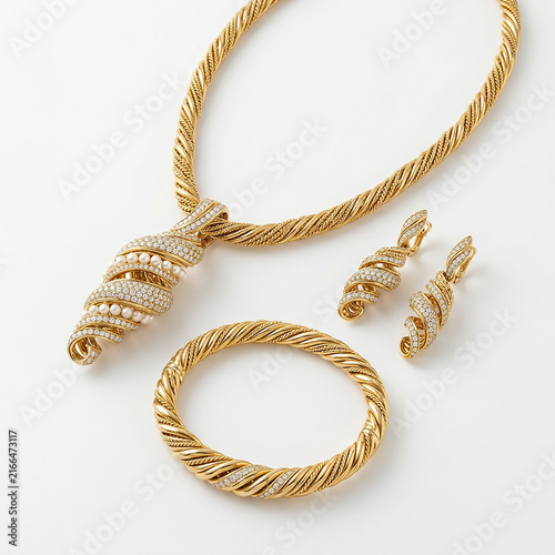 Luxury gold rope chain necklace with spiral knot clasp and matching textured hoop earrings set on white