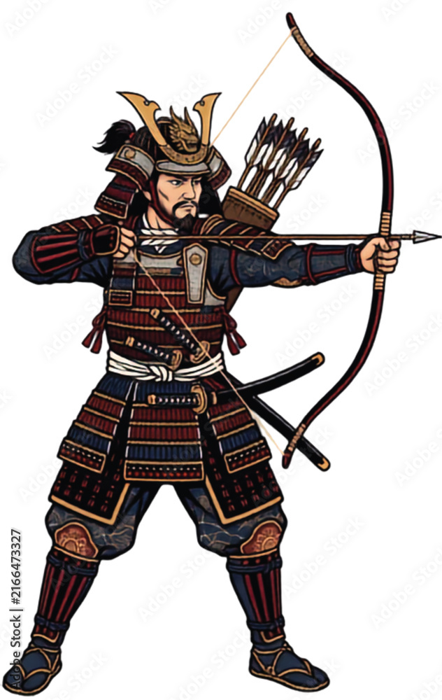 Fototapeta premium Traditional Japanese Samurai Warrior with Bow and Arrows Vector Illustration
