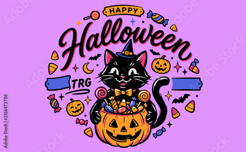 Foto Black cat with pumpkin candy bucket Happy Halloween illustration