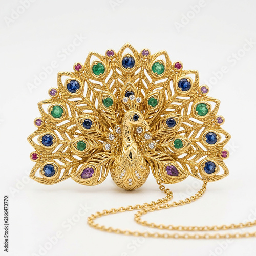 Handcrafted gold peacock feather brooch with multicolor gemstone accents on white backdrop