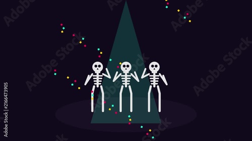 Skeletons Dancing in Colorful Party Confetti Under Spotlight