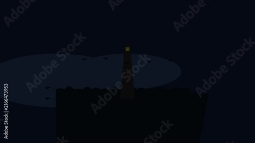 Lighthouse Rotating Beam at Night with Birds Flying in the Dark