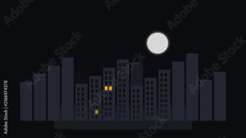 Cityscape at Night with Illuminated Windows and a Bright Full Moon