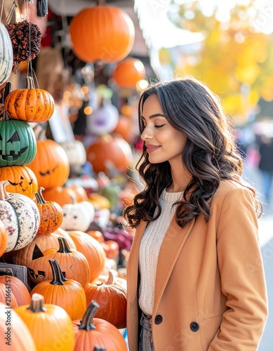 Woman Browsing Autumn Harvest Display at Market