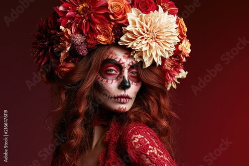 Dia de los Muertos Portrait with Floral Headdress and Skull Makeup
