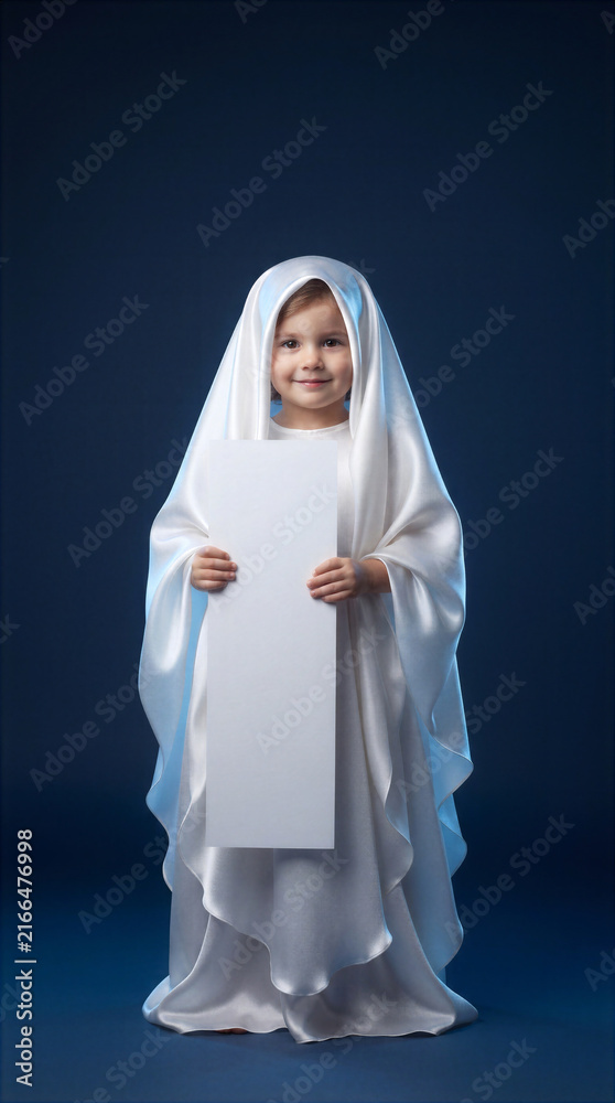 Fototapeta premium Child dressed in white robe holding blank sign. Religious theme, Easter celebration, Christian imagery, copy space.