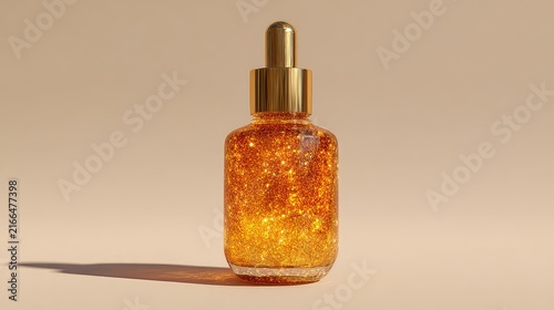 Elegant golden serum bottle with glimmering texture and dropper