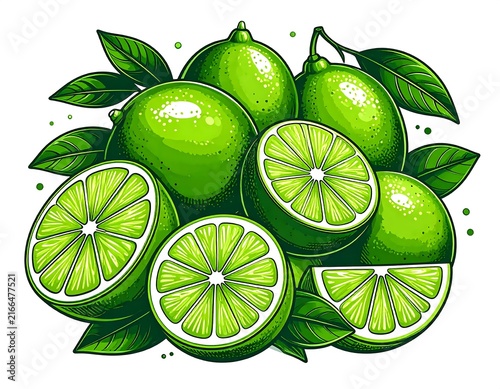 Fresh green apples with leaves on white background.