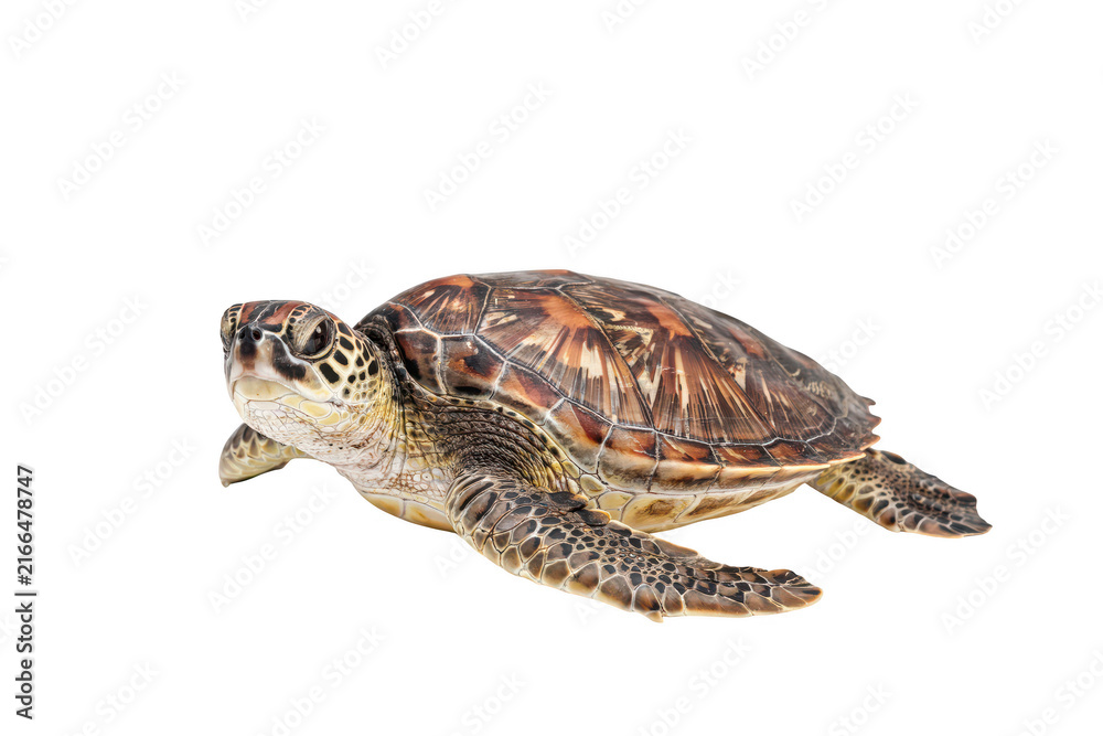 Obraz premium A close-up side view of a small sea turtle swimming, highlighting its detailed shell and textured skin, isolated on a white background