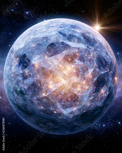 Glowing crystal planet with transparent faceted surface in deep space