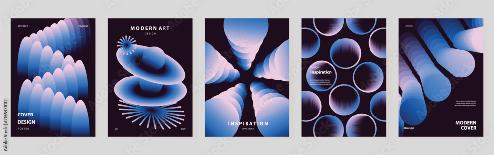 Naklejka premium Abstract futuristic poster templates set. Vector colorful covers with glowing swirl, dark space elements, neon geometric forms and flowing wave lines for modern graphic design.