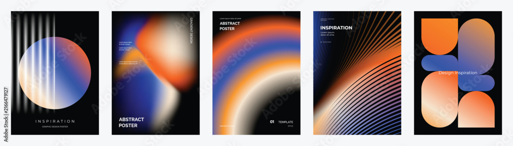 Fototapeta premium Abstract futuristic poster templates set. Vector colorful covers with glowing swirl, dark space elements, neon geometric forms and flowing wave lines for modern graphic design.