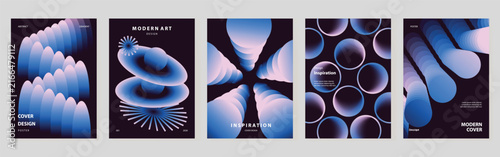 Abstract futuristic poster templates set. Vector colorful covers with glowing swirl, dark space elements, neon geometric forms and flowing wave lines for modern graphic design.