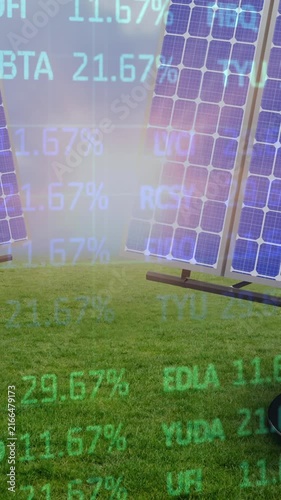 Animation of stock market financial data processing over solar panels in field