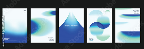 Abstract gradient poster templates set. Vector blue geometric covers with blurred light effects, modern grid layouts and futuristic shapes for flyer, brochure and presentation design.