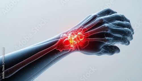Hand holding glowing red wrist injury. Painful inflammation and swelling in human joint from strain or overuse. Medical concept for carpal tunnel s...