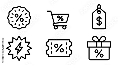 Set of Black Friday marketing badge icons including discount price tags percentage coupons shopping cart flash sale lightning and gift box symbols