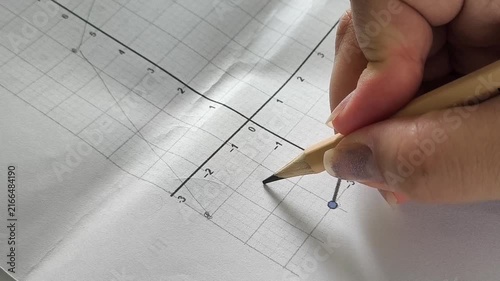 Student plotting points on a mathematical function graph, mathematics lesson, coordinate plane, geometry and education concept.