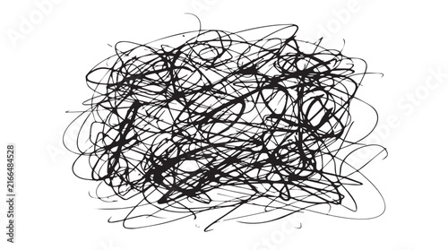 Dense black abstract scribble composition of looping lines and chaotic motion.