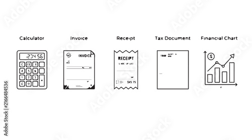 Assorted business finance icons featuring calculator, receipt, tax document and chart.