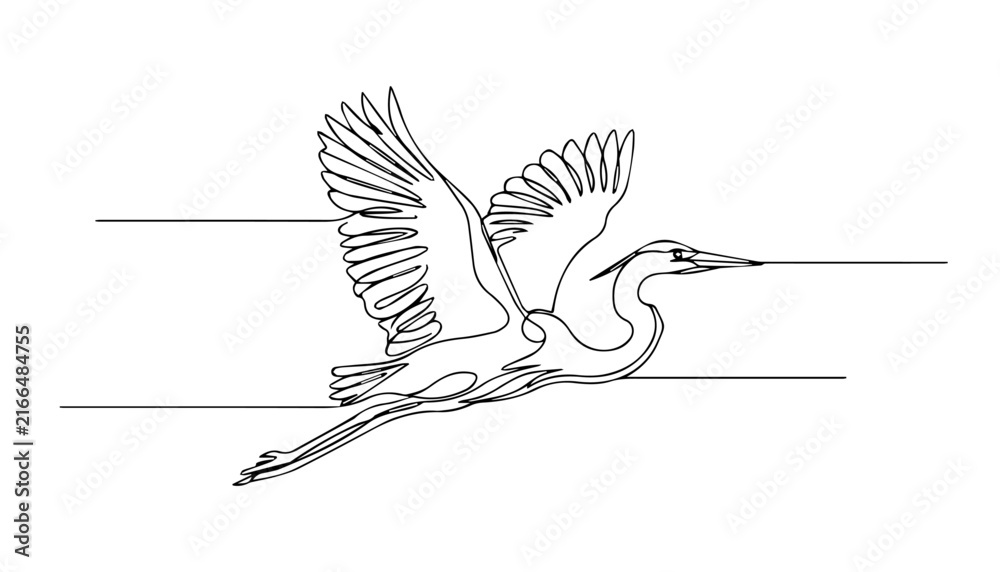 Naklejka premium Continuous line art flying heron vector illustration minimalist wild bird flight icon