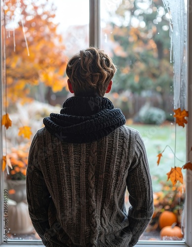 Person in Cozy Sweater and Scarf Looking Out Window at Autumn Scenery