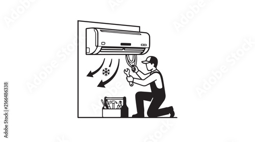 Illustration of a technician installing an air conditioning unit on an exterior wall with mounting, ladder, and tools.