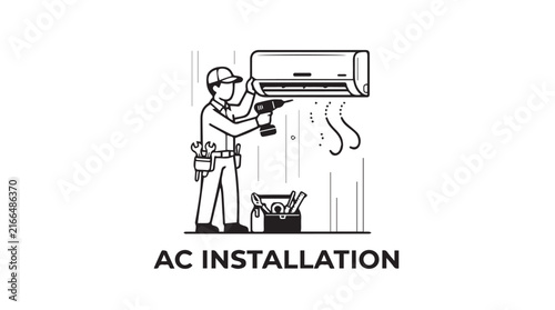 Air conditioning installation technician installing outdoor unit for HVAC system on building site.
