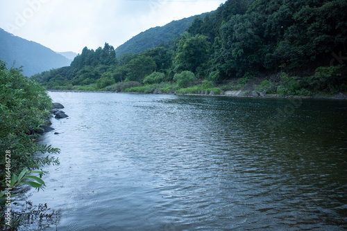 Calm River Surrounded By Forest In Rural Japan
