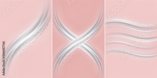 Soft pink background, with white fluid, wave curves in panels
