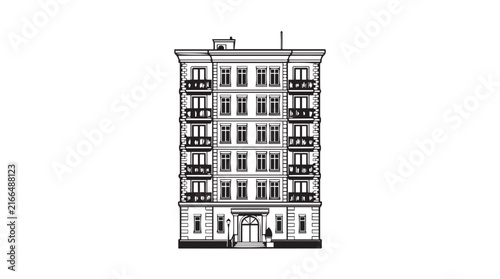 Detailed drawing of a classic multi-story city building with intricate architectural facade.