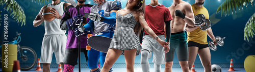 A large collage of photographs of athletes on a sports field at night. Close-up. Sports college. Basketball, hockey, American football, skateboarding, soccer, MMA, fitness. Sports concept.